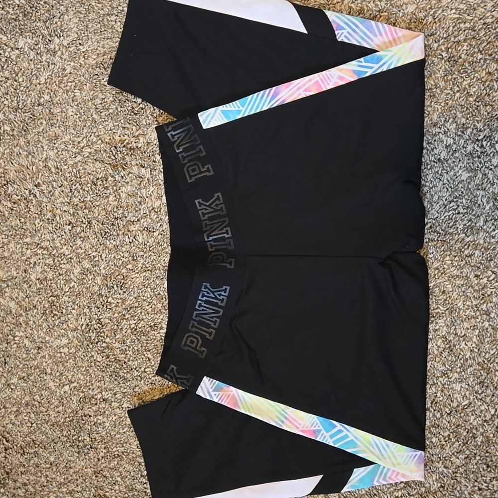 PINK Victoria's Secret Black & Pink Capri Leggings Side Panel Design Size Small
